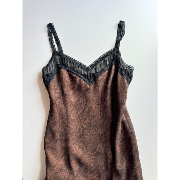 Vintage LAUNDRY BY SHELLI SEGAL Brown Lace Print Silk Beaded Slip Dress, Size 10 - Picture 5 of 12